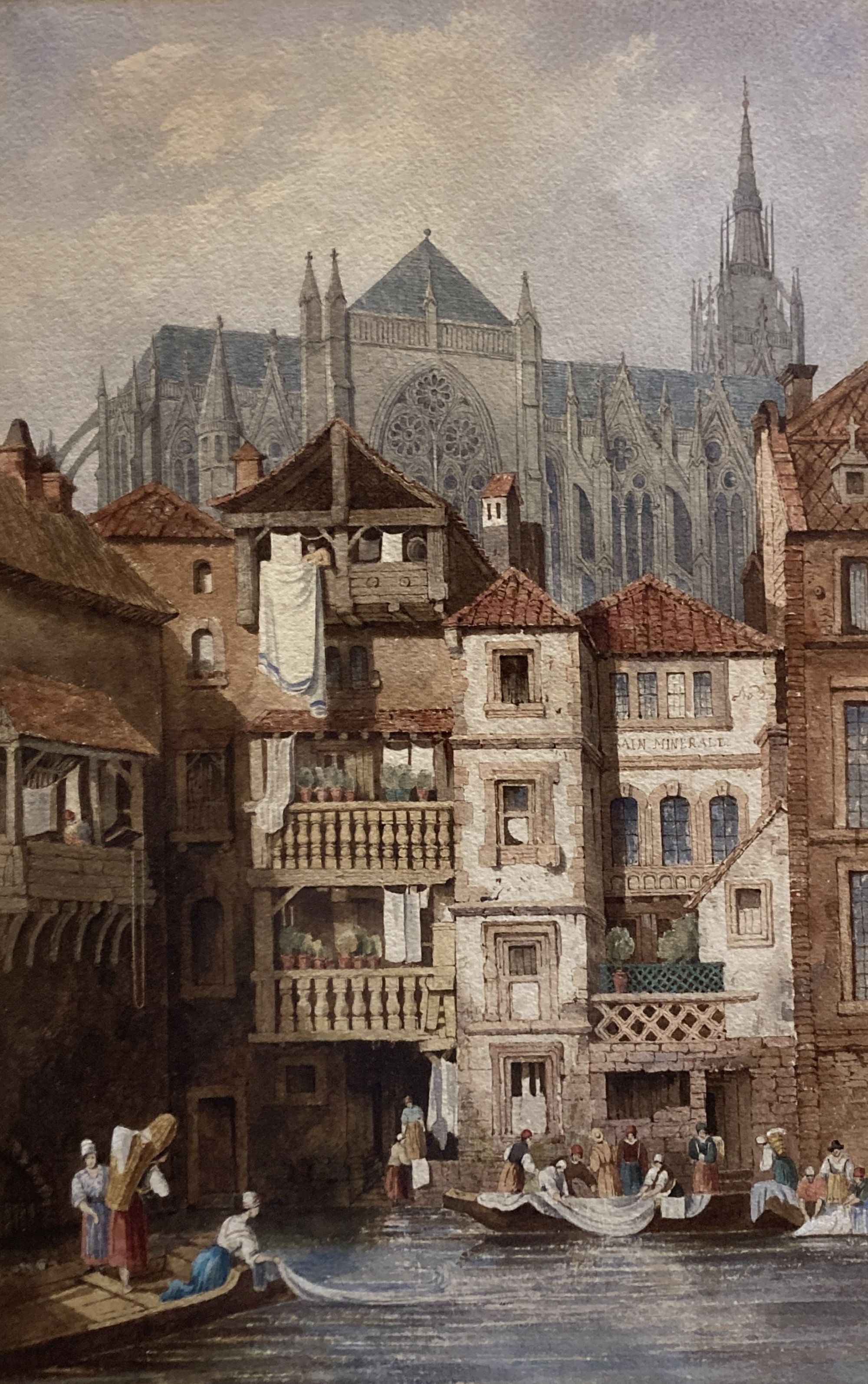 Manner of Samuel Prout, watercolour, Riverside scene with cathedral beyond, 48 x 31cm